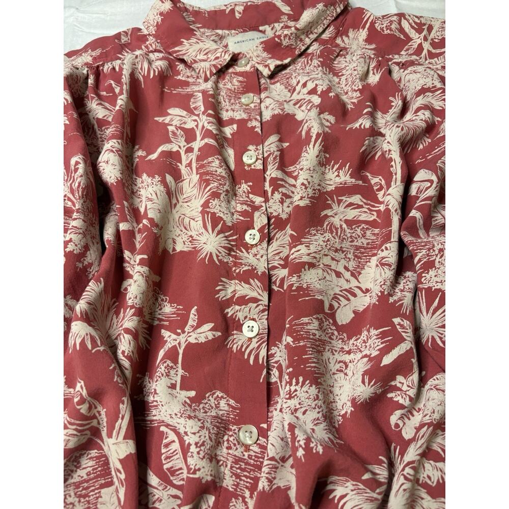 American Eagle Women’s XL Pink Tan Hawaiian Button Down Boxy Crop Top Front Tie - Picture 2 of 7